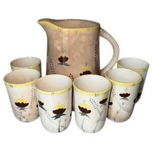 Vintage Hand Painted Nasco Floral Ceramic Pitcher & 6 Tumbler Set